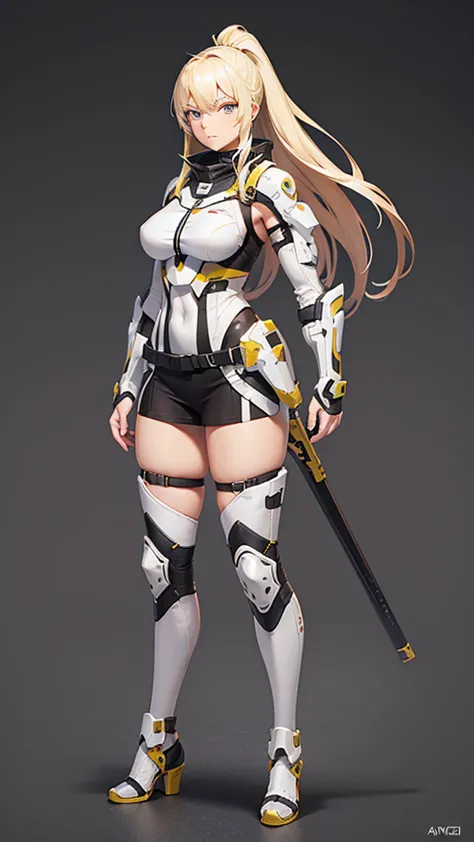 female mercenary, Blonde, tall, Full body side view, View Viewer, Aggressive, Pure white background