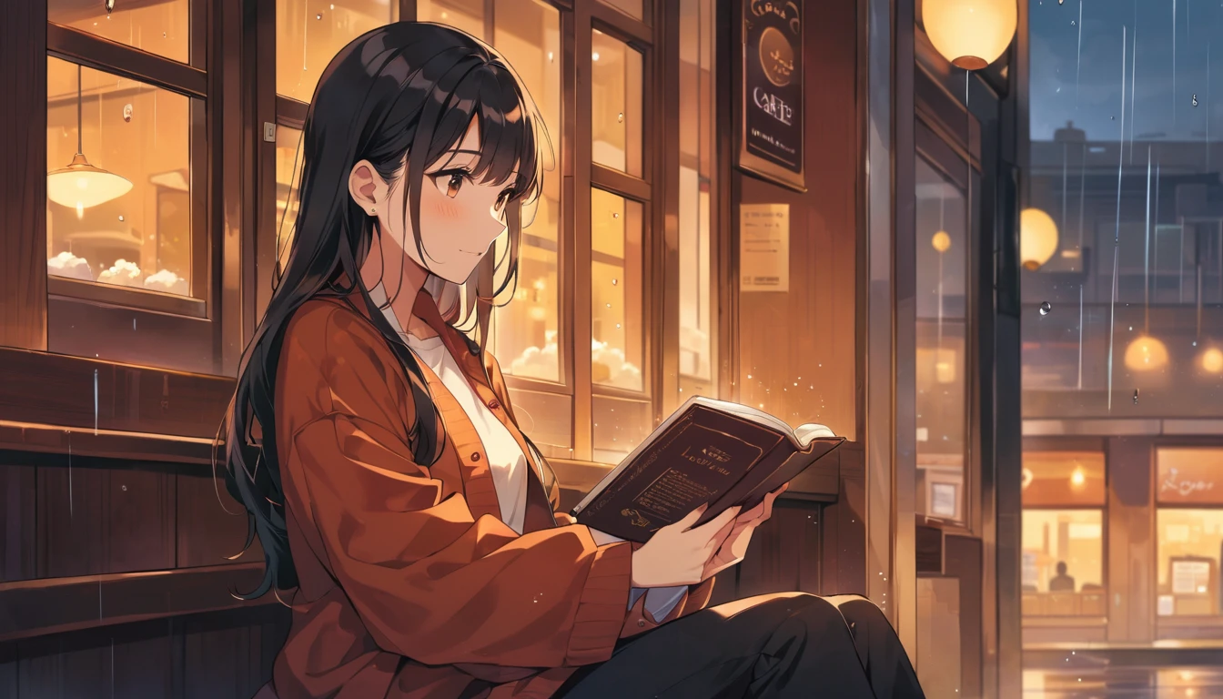 Scene of a cafe with rain falling outside the window, a girl is reading a book while drinking hot chocolate at a window seat, warm light and calm expression are impressive, Japanese anime style