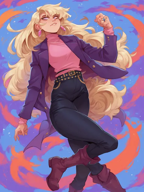 p_ca, 1girl, blonde hair, long hair, bangs hair, pupils are black dots, purple blazer, pink top, ring earrings, belt, black pant...