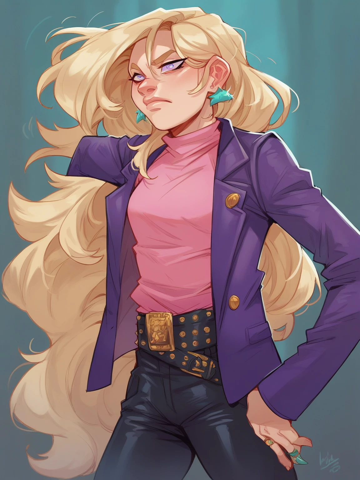 p_ca, 1girl, blonde hair, long hair, bangs hair, pupils are black dots, purple blazer, pink top, ring earrings, belt, black pants, fur boots,   lilandavastyle, score_9, score_8_up, score_7_up,