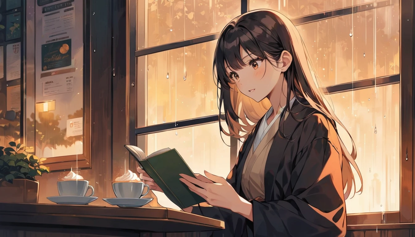 Scene of a cafe with rain falling outside the window, a girl is reading a book while drinking hot chocolate at a window seat, warm light and calm expression are impressive, Japanese anime style