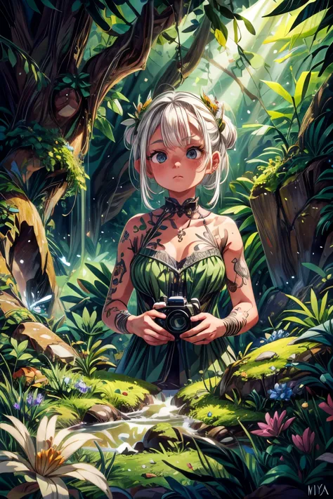 1girl, solo, white_hair, tattoos, grotto, verdant, flowers, beautiful, idyllic, sublime, absurdres, hyper-realism, textured, max...