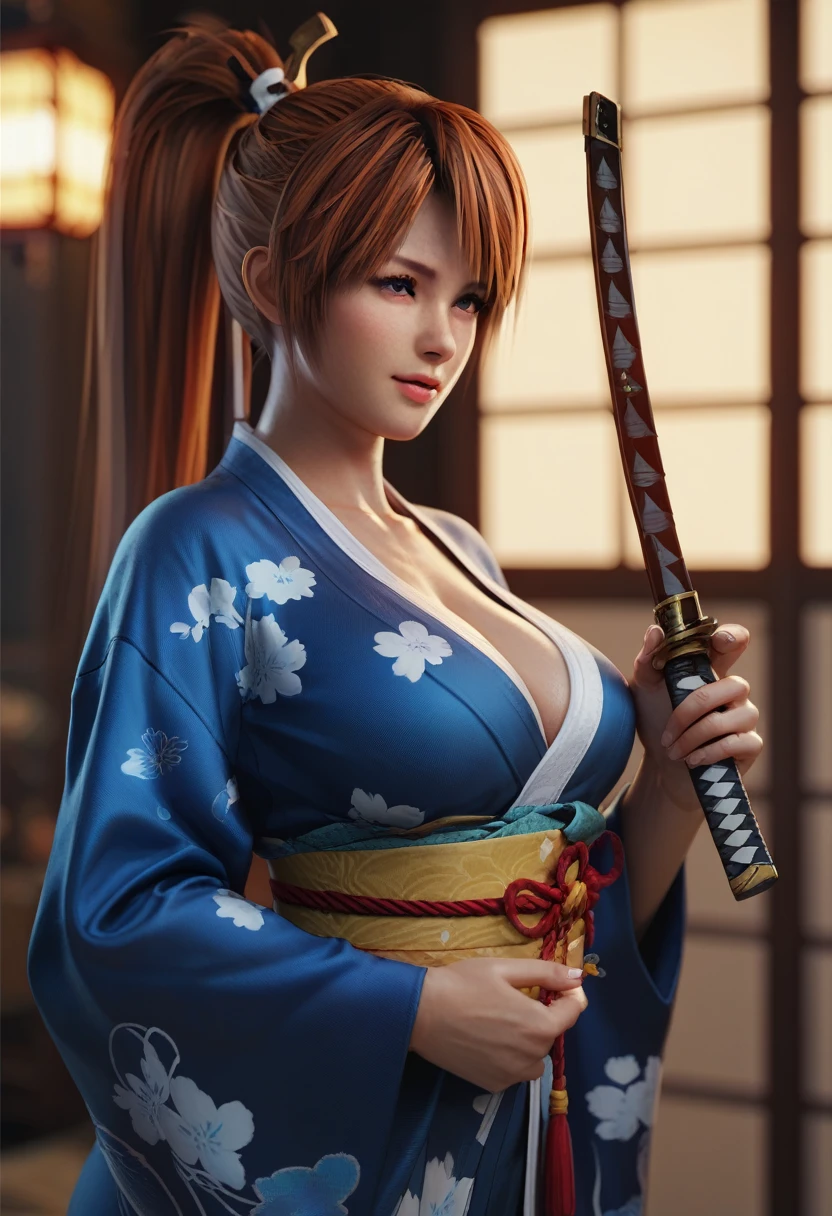 Kasumi de mort ou vif, cheveux en queue de cheval, belle femme japonaise, kimono bleu, trentenaire, tenant un petit katana