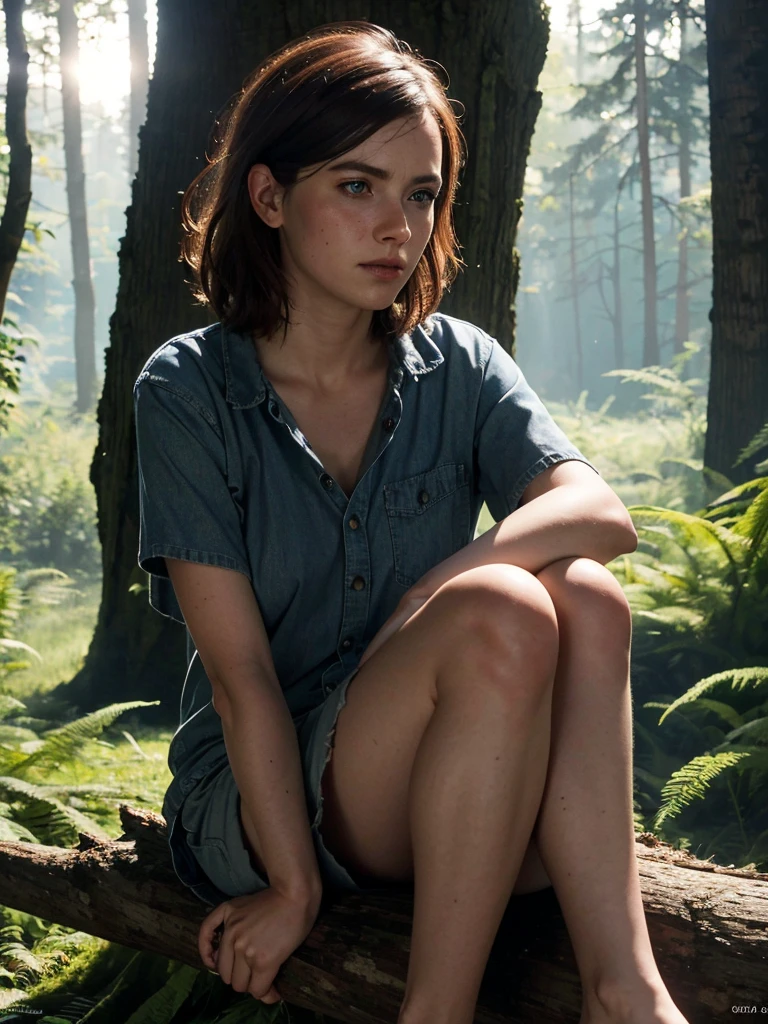 Ellie, tlou2, portrait, sitting on a log, the forest, Sun rays, Looking at the viewer, award-winning, (8 k, Raw photo, Best quality, masterpiece:1.2),ultra detailed, (highly detailed skin:1.2), 8 k uhd, SLR camera, soft lighting, high quality, 