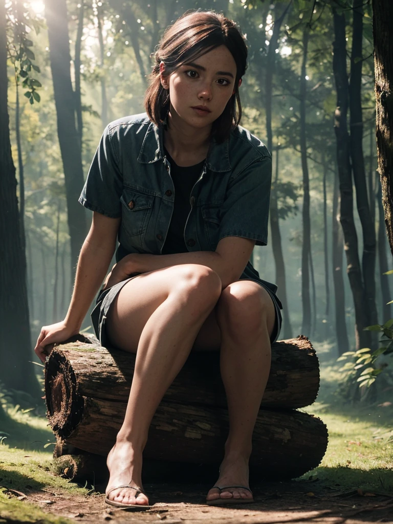 Ellie, tlou2, portrait, assis sur une bûche, la forêt, rayons de soleil, regarder le spectateur, primé, (8k, Photo brute, meilleure qualité, chef-d&#39;œuvre:1.2),ultra détaillé, (peau très détaillée:1.2), 8k uhd, Appareil photo reflex, Éclairage doux, haute qualité, 