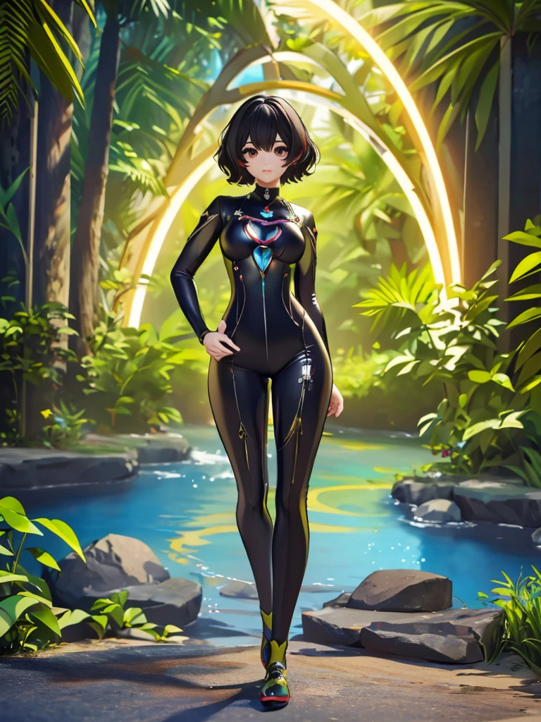 Seizo Watase style, Simple Line Initialism，Abstract art, 3d character, colorful hearts ,(((The most beautiful girl of all time))),  (full body 1.2), only girl, short hair 2 burn hair, jungle background, 25 year old, full body, (((8k))),, (((3d))),, black hair, short black silicon Jumpsuit