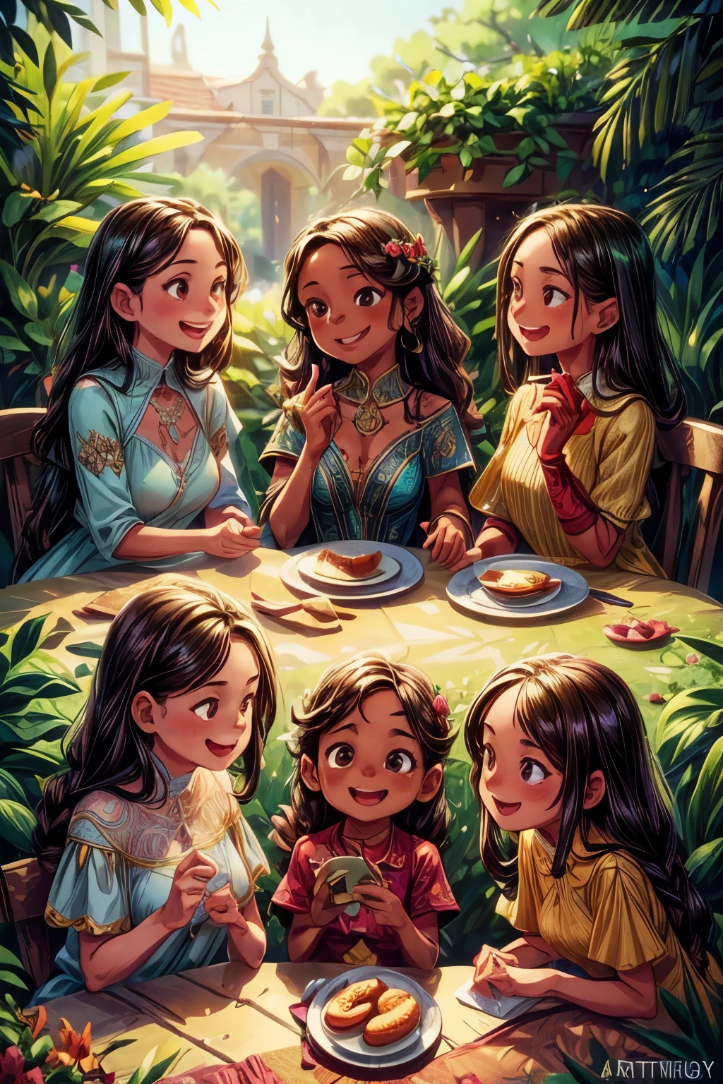 un hermoso grupo de 4 mujeres, sonriendo felizmente, rasgos faciales detallados, Piel lisa y brillante, pelo largo, vestidos elegantes, Entorno de jardín al aire libre, cálida luz del sol, Colores vibrantes, iluminación cinematográfica, Arte digital de alta calidad., detalles intrincados, Fotorrealista, tendencia en artstation