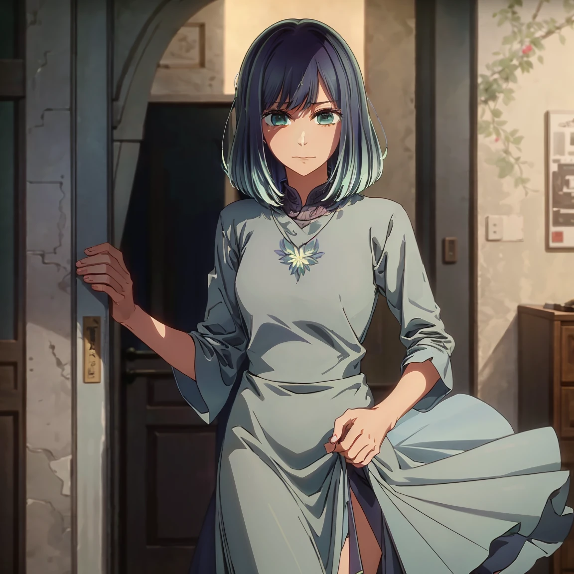 tall body, tall, long legs, mature woman, mature, adult, , eft_oshi_akane, alone, 1 girl, blue hair, looking at viewer, medium hair, bangs, closed mouth, green eyes, multicolored hair, short hair, faded hair, blue eyes, dress, floral dress, light smile, more details XL