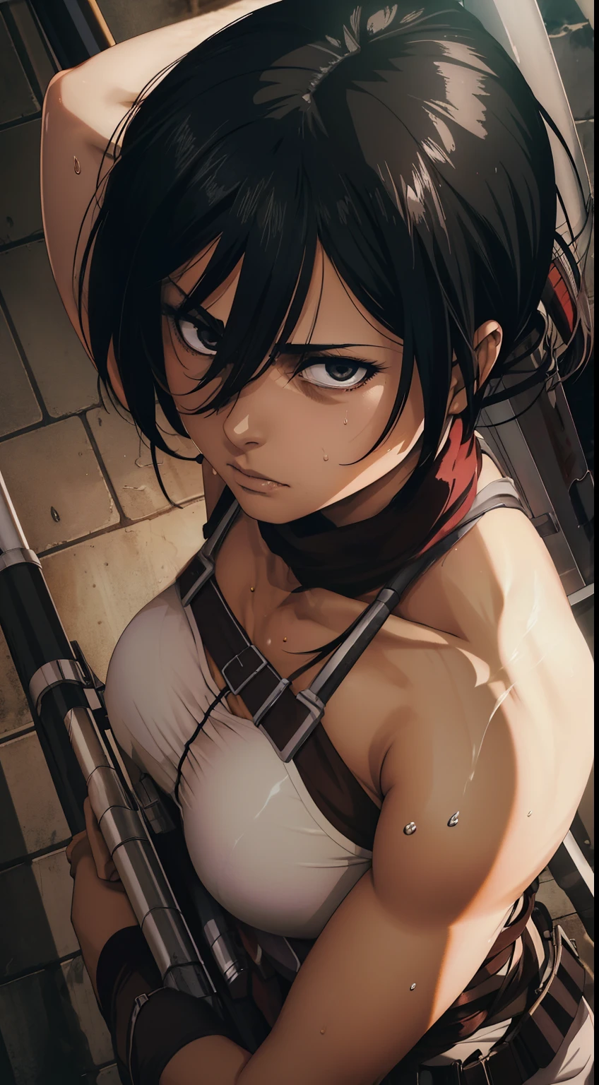 Mikasa Ackerman, the fierce and sultry warrior, stands tall, her naked body glistening with sweat. Her blade, held aloft in her powerful grip, reflects the light, as does the heat of her desire. Her fierce gaze, a mixture of lust and determination, speaks of the carnal battle about to ensue, and her aroused, dripping bichano, beckons for the thrust of her enemy's weapon.