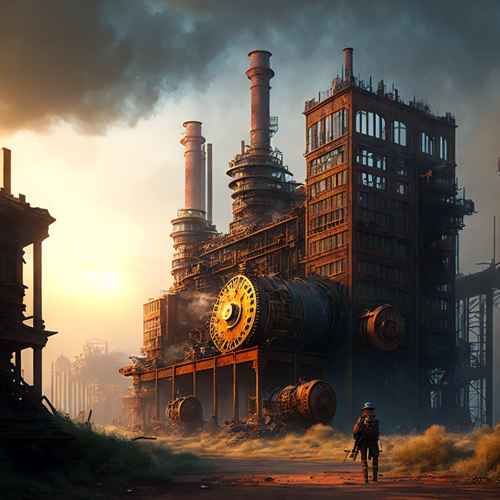 A steampunk apocalypse, a dystopian world, dark and gritty, rusting machinery, abandoned factories, crumbling buildings, thick smoke, gears and cogs, a lone figure in the distance, sunlight piercing through the haze, shades of copper and brass, a sense of desolation and decay, intricate details, cinematic lighting, epic scale, highly detailed, photorealistic, 8k, best quality, masterpiece