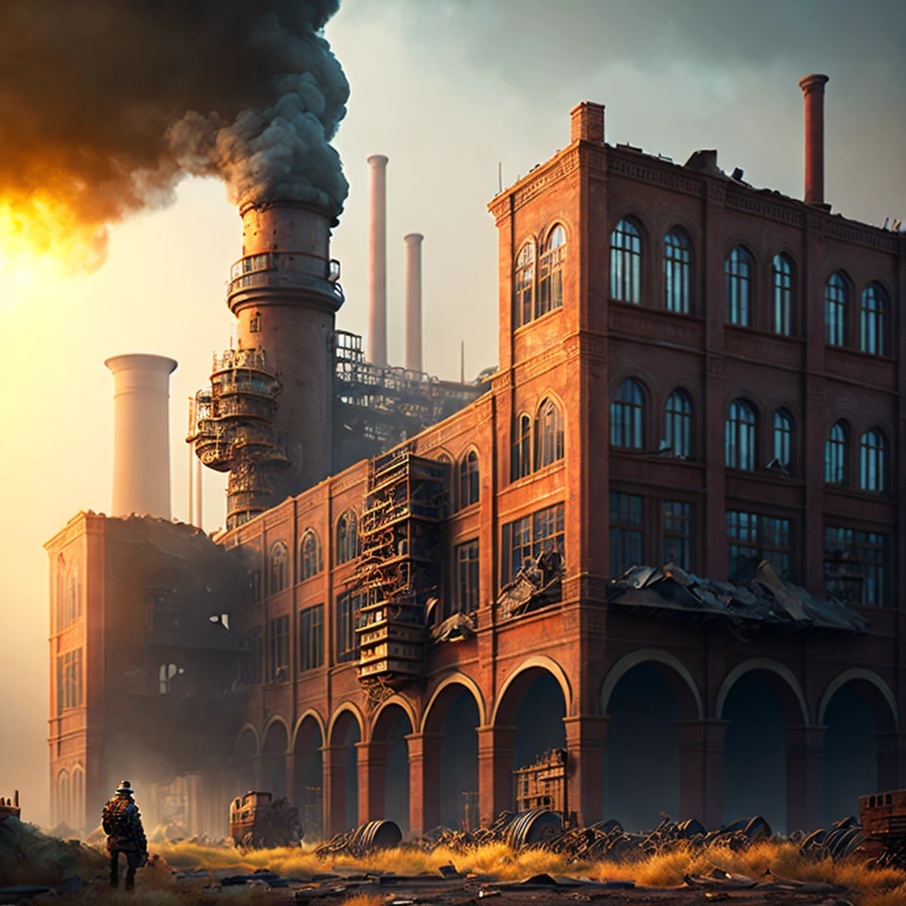 Une apocalypse steampunk, un monde dystopique, Sombre et graveleux, machines rouillées, usines abandonnées, bâtiments en ruine, Une épaisse fumée, Engrenages et rouages, une silhouette solitaire au loin, La lumière du soleil perce à travers la brume, nuances de cuivre et de laiton, un sentiment de désolation et de décadence, détails complexes, Éclairage cinématographique, échelle épique, très détaillé, Photoréaliste, 8k, Meilleure qualité, chef-d&#39;œuvre