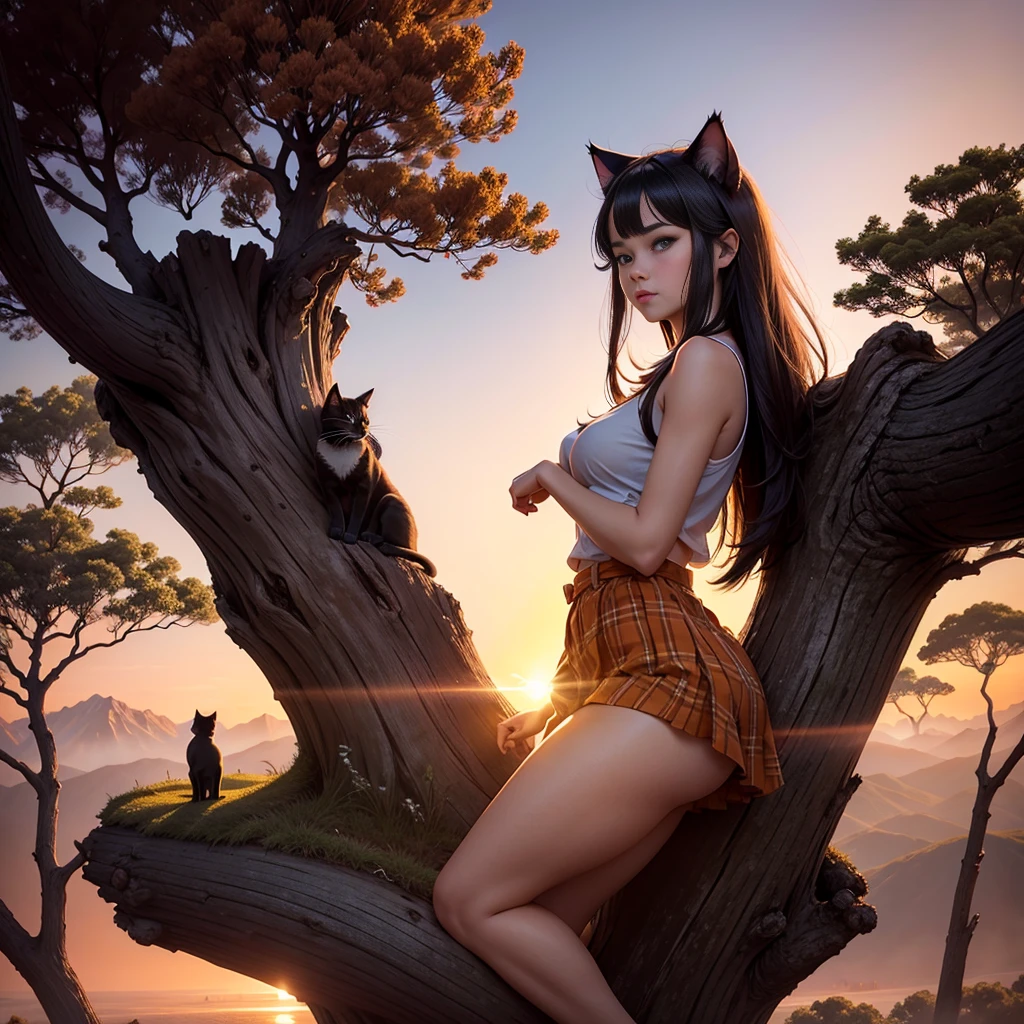 cheered up: A beautiful feline woman standing on top of a giant tree on top of a mountain surrounded by trees looking at the horizon. sunset, orange sun, vivid colors, red horizon,sunset. anime woman, cat ears, Cat&#39;s tail, beautiful detailed face, beautiful detailed feline eyes, detailed body, sexy position. At the top of a tree. At the top of a huge tree