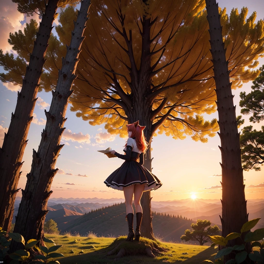 cheered up: A beautiful feline woman standing on top of a giant tree on top of a mountain surrounded by trees looking at the horizon. sunset, orange sun, vivid colors, red horizon,sunset. anime woman, cat ears, Cat&#39;s tail, beautiful detailed face, beautiful detailed feline eyes, detailed body, sexy position. At the top of a tree. At the top of a huge tree