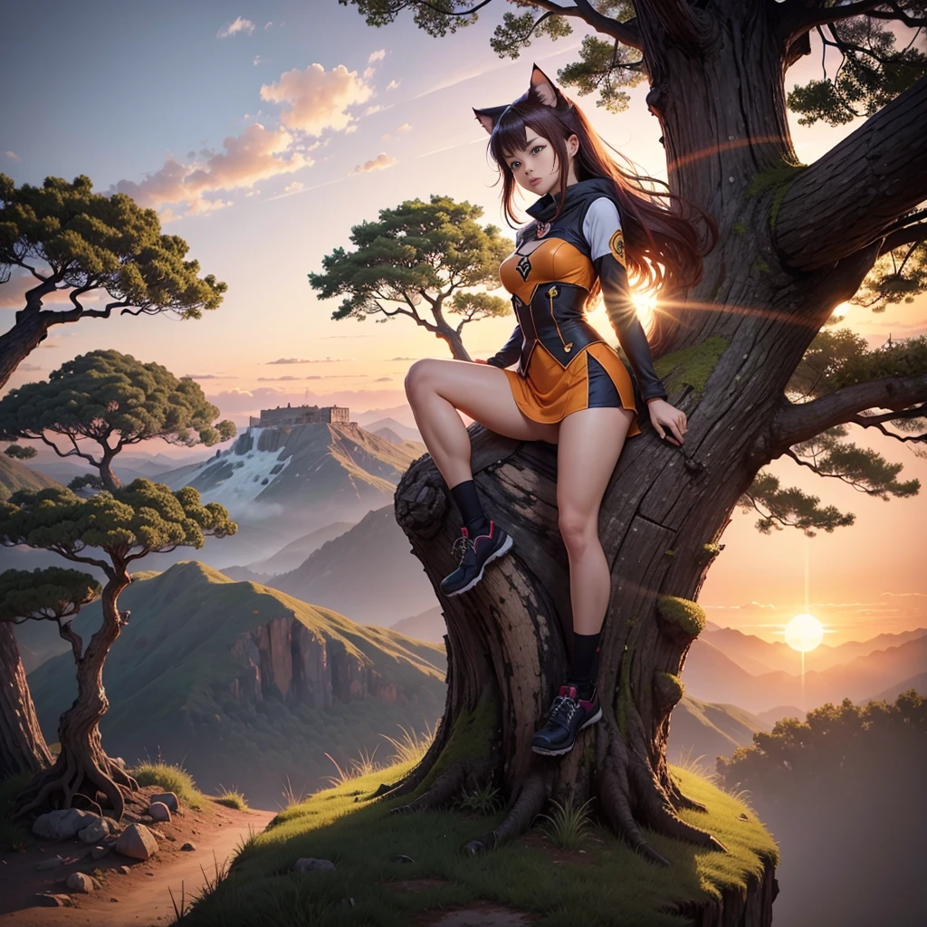 cheered up: A beautiful feline woman standing on top of a giant tree on top of a mountain surrounded by trees looking at the horizon. sunset, orange sun, vivid colors, red horizon,sunset. anime woman, cat ears, Cat&#39;s tail, beautiful detailed face, beautiful detailed feline eyes, detailed body, sexy position. At the top of a tree. At the top of a huge tree