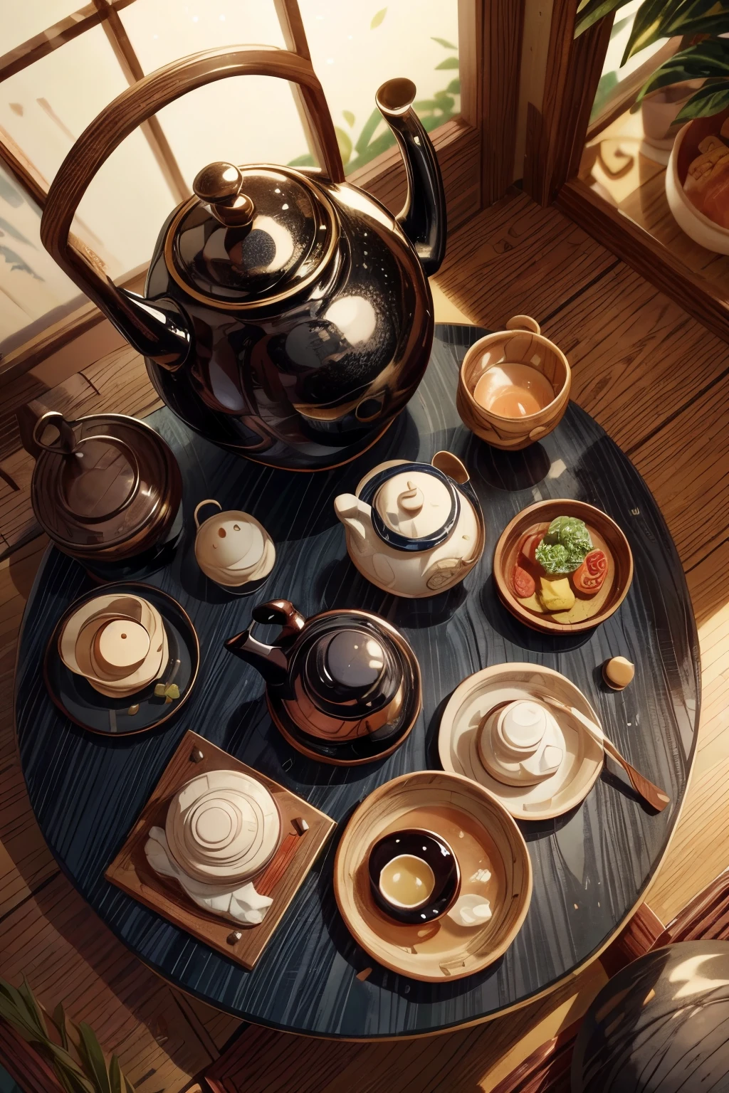 On the bowl is placed a Teekanne, inspiriert von Sesshū Tōyō, Wasserkocher, large black Wasserkocher on the hearth, Teekanne, Teekanne, Teekanne, wunderschönes Teeservice aus Porzellan, Teekanne: 1, inspiriert von Renzheng Doben, Inspiriert von Kaiser Xuande, Keramik, smooth glazed Keramik