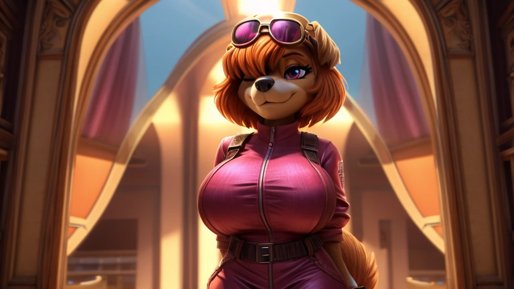 Skye from Paw Patrol, female cockapoo, anthro, short orange hair, fringe over eyes, magenta eyes, mature adult, big breasts, full closed aviator outfit, standing, detailed, solo, beautiful, high quality, 4K