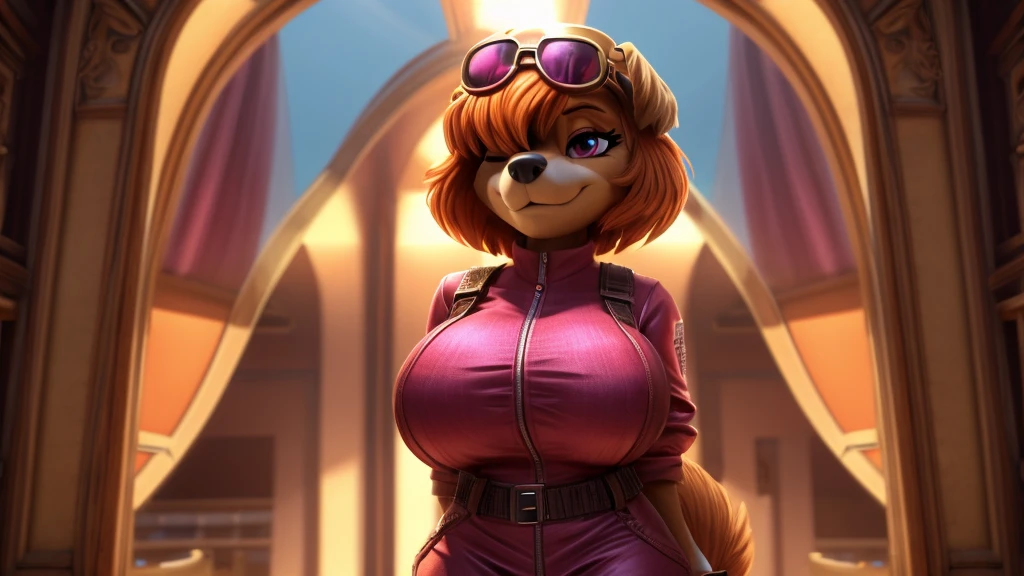 Skye de Paw Patrol, cockapoo femelle, anthro, cheveux courts orange, frange sur les yeux, yeux magenta, adulte mature, Gros seins, tenue d&#39;aviateur entièrement fermée, debout, détaillé, seulement, Beau, Haute qualité, 4k