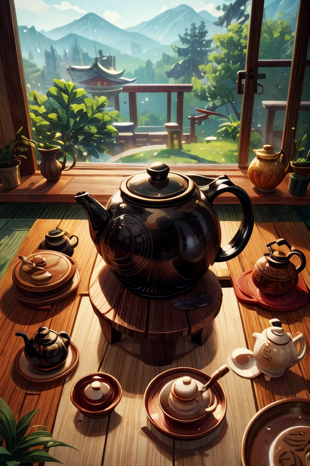 On the bowl is placed a Teekanne, inspiriert von Sesshū Tōyō, Wasserkocher, large black Wasserkocher on the hearth, Teekanne, Teekanne, Teekanne, wunderschönes Teeservice aus Porzellan, Teekanne: 1, inspiriert von Renzheng Doben, Inspiriert von Kaiser Xuande, Keramik, smooth glazed Keramik