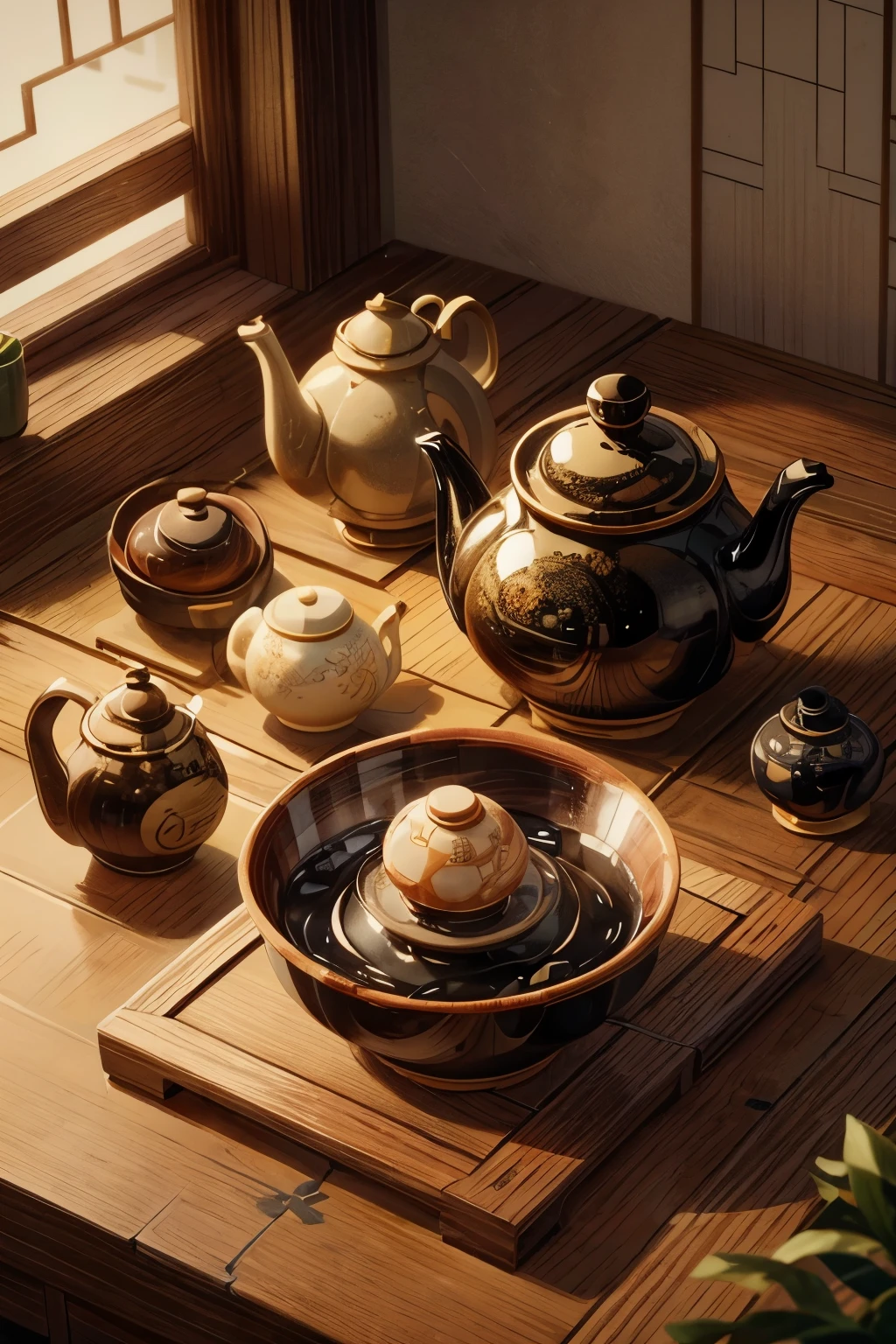 On the bowl is placed a กาน้ำชา, แรงบันดาลใจจาก Sesshū Tōyō, กาต้มน้ำ, large black กาต้มน้ำ on the hearth, กาน้ำชา, กาน้ำชา, กาน้ำชา, ชุดน้ำชาลายครามที่งดงาม, กาน้ำชา: 1, แรงบันดาลใจจาก Renzheng Doben, แรงบันดาลใจจากจักรพรรดิ Xuande, เซรามิกส์, smooth glazed เซรามิกส์