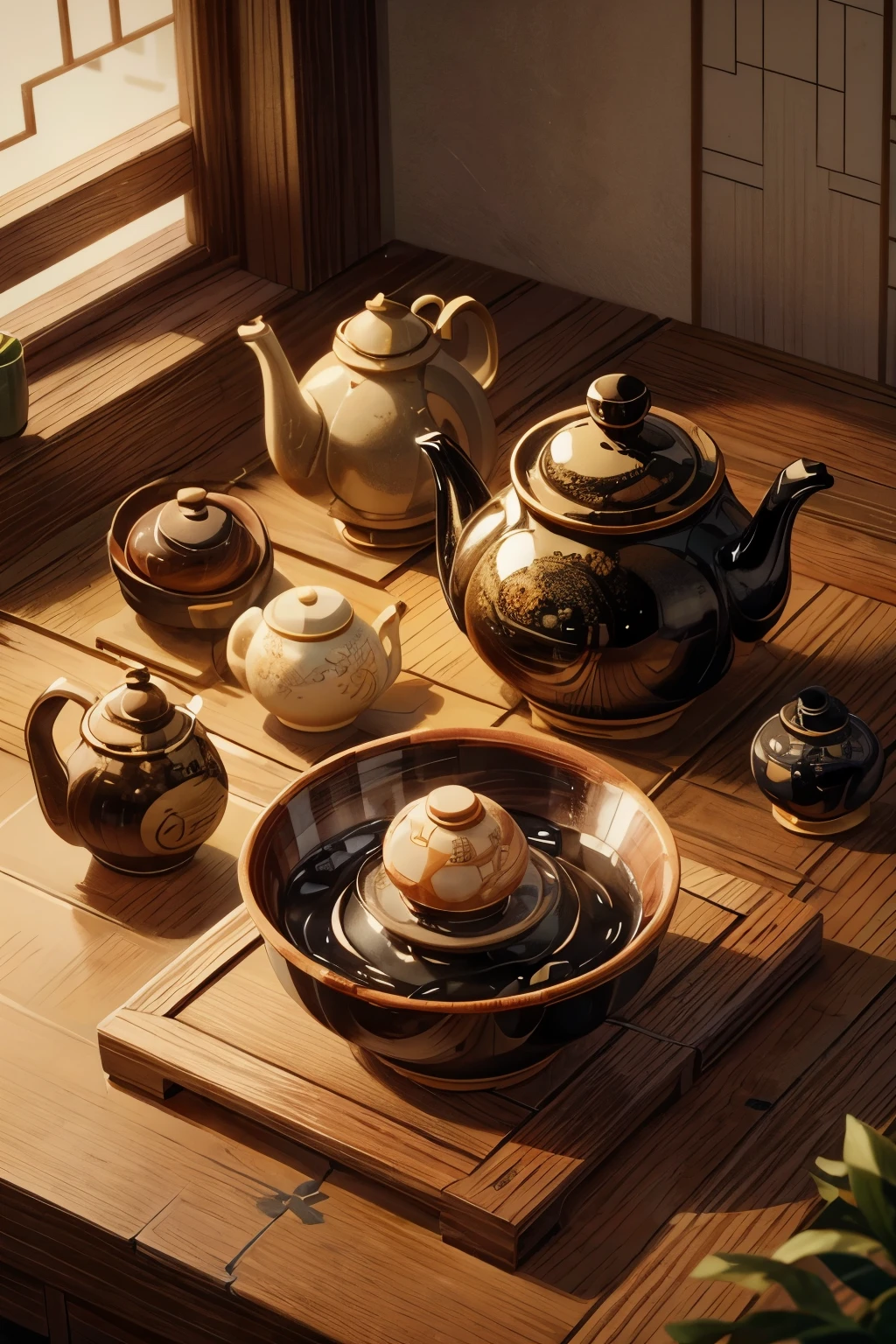 On the bowl is placed a teapot, inspired by Sesshū Tōyō, kettle, large black kettle on the hearth, teapot, teapot, teapot, gorgeous porcelain tea set, teapot: 1, inspired by Renzheng Doben, inspired by Emperor Xuande, ceramics, smooth glazed ceramics