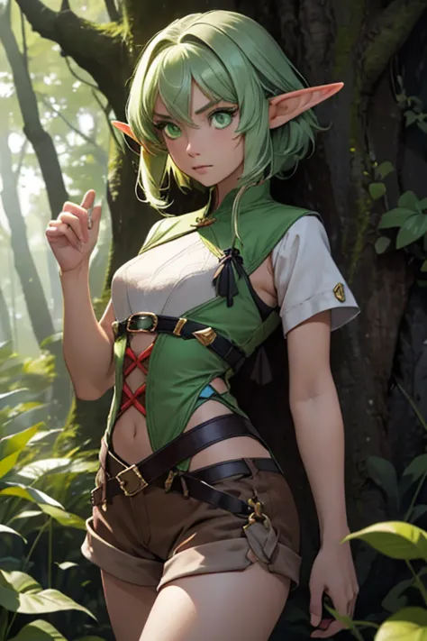 high quality, masterpiece, Best quality, 1 girl, elf, pointed ears, short hair, green eyes, green hair, the forest, on open air,...