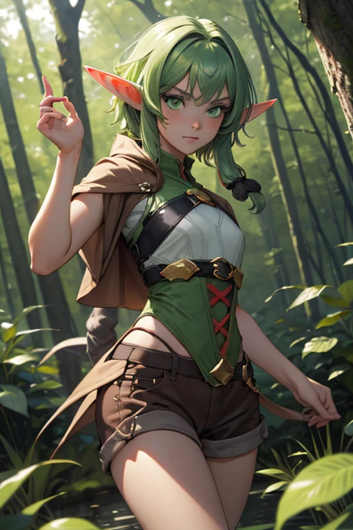 high quality, masterpiece, Best quality, 1 girl, elf, pointed ears, short hair, green eyes, green hair, the forest, on open air, 