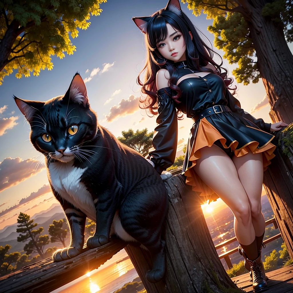 cheered up: A beautiful feline woman standing on top of a giant tree on top of a mountain surrounded by trees looking at the horizon. Wear a black outfit, Short skirt. Long black pink hair,curvy body. sunset, orange sun, vivid colors, red horizon,sunset. anime woman, cat ears, Cat&#39;s tail, beautiful detailed face, beautiful detailed feline eyes, detailed body, sexy position. At the top of a tree. At the top of a huge tree