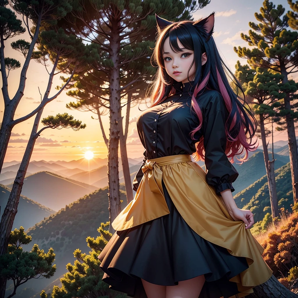 cheered up: A beautiful feline woman standing on top of a giant tree on top of a mountain surrounded by trees looking at the horizon. Wear a black outfit, Short skirt. Long black pink hair,curvy body. sunset, orange sun, vivid colors, red horizon,sunset. anime woman, cat ears, Cat&#39;s tail, beautiful detailed face, beautiful detailed feline eyes, detailed body, sexy position. At the top of a tree. At the top of a huge tree