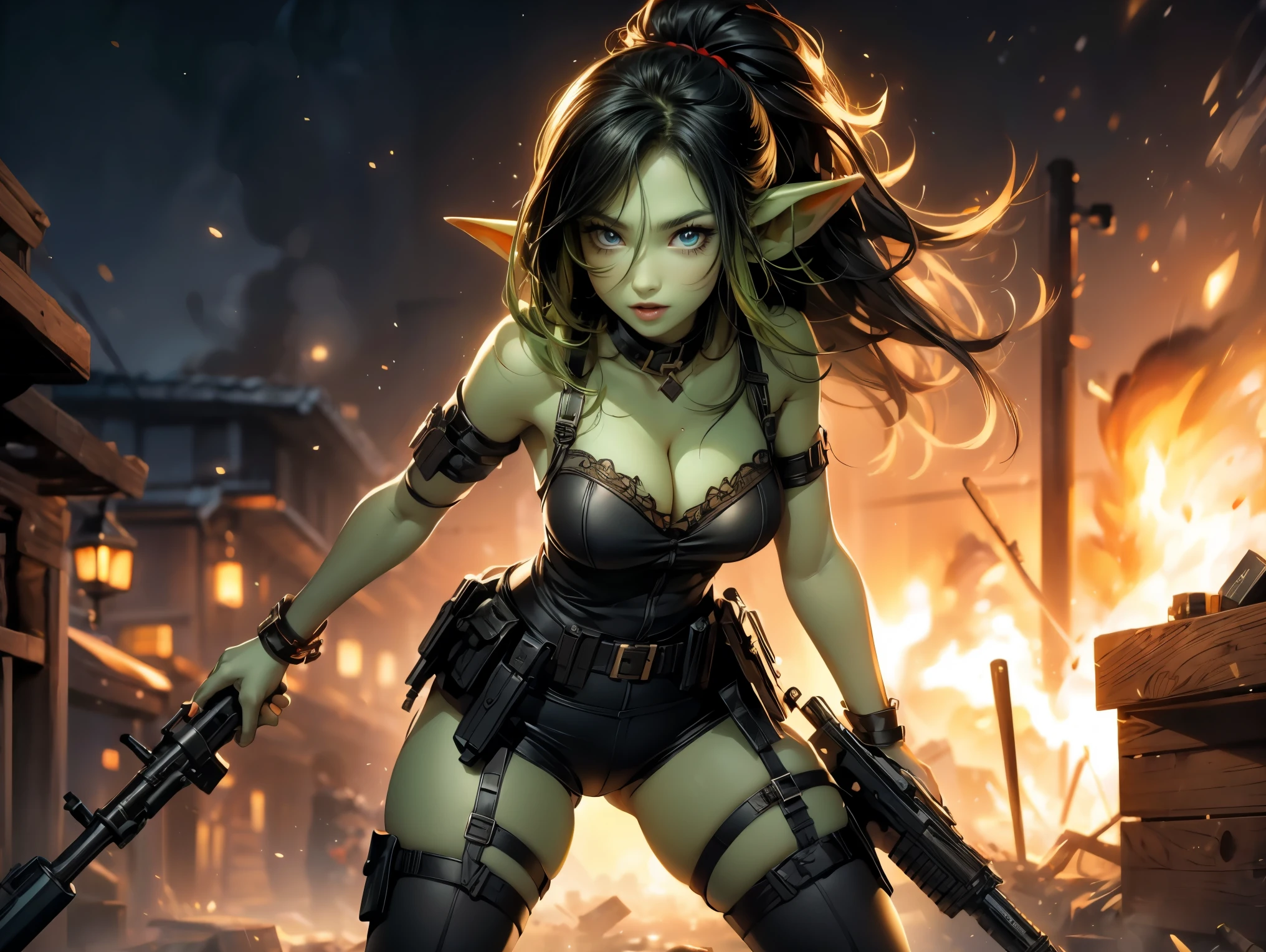 ((best quality)), ((masterpiece)), (detailed), goblin girl, (green skin), shortstack, wearing military gear, holding grenade launcher, manic, pyromaniac, acrion shot, dynamic pose, cinematic still, firing at a target building, explosions, long black hair blowing back, manic expression, crazed expression, wide stance, crazy, anarchist, gritting teeth, happy, loves causing destruction