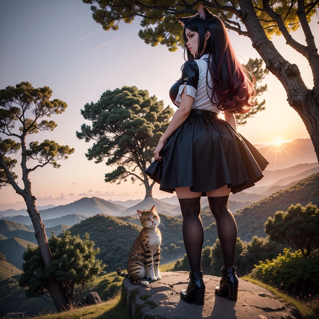 cheered up: A beautiful feline woman standing on top of a giant tree on top of a mountain surrounded by trees looking at the horizon. Wear a black outfit, Short skirt. Long black pink hair,curvy body. sunset, orange sun, vivid colors, red horizon,sunset. anime woman, cat ears, Cat&#39;s tail, beautiful detailed face, beautiful detailed feline eyes, detailed body, sexy position. At the top of a tree. At the top of a huge tree