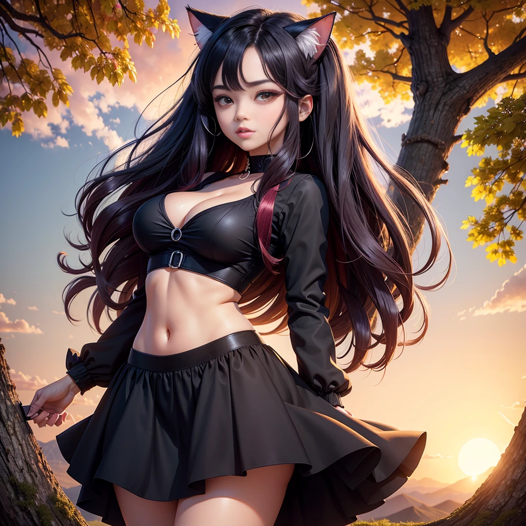 cheered up: A beautiful feline woman standing on top of a giant tree on top of a mountain surrounded by trees looking at the horizon. Wear a black outfit, Short skirt. Long black pink hair,curvy body. sunset, orange sun, vivid colors, red horizon,sunset. anime woman, cat ears, Cat&#39;s tail, beautiful detailed face, beautiful detailed feline eyes, detailed body, sexy position. At the top of a tree. At the top of a huge tree