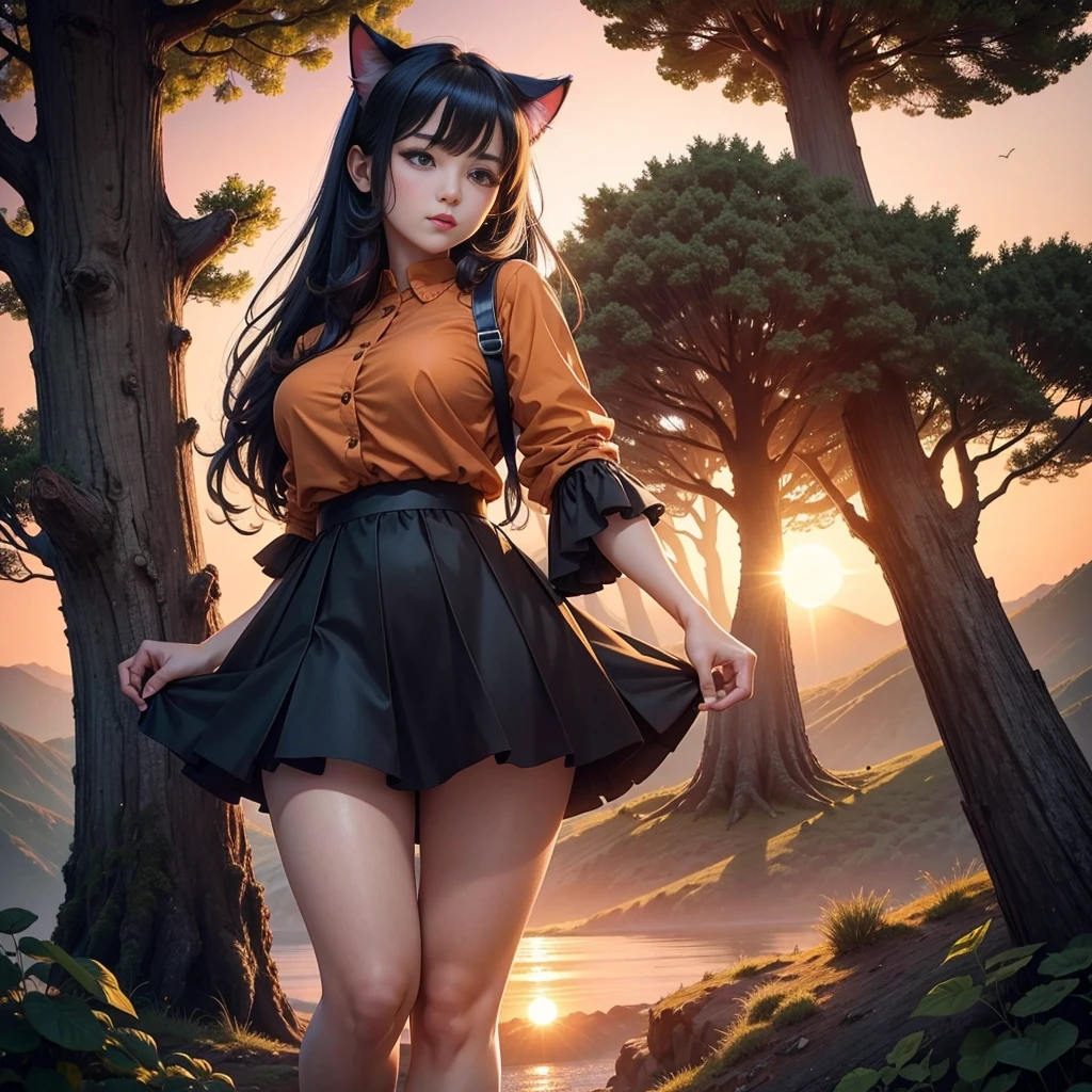 cheered up: A beautiful feline woman standing on top of a giant tree on top of a mountain surrounded by trees looking at the horizon. Wear a black outfit, Short skirt. Long black pink hair,curvy body. sunset, orange sun, vivid colors, red horizon,sunset. anime woman, cat ears, Cat&#39;s tail, beautiful detailed face, beautiful detailed feline eyes, detailed body, sexy position. At the top of a tree. At the top of a huge tree