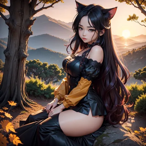 cheered up: a beautiful feline woman standing on top of a giant tree on top of a mountain surrounded by trees looking at the hor...