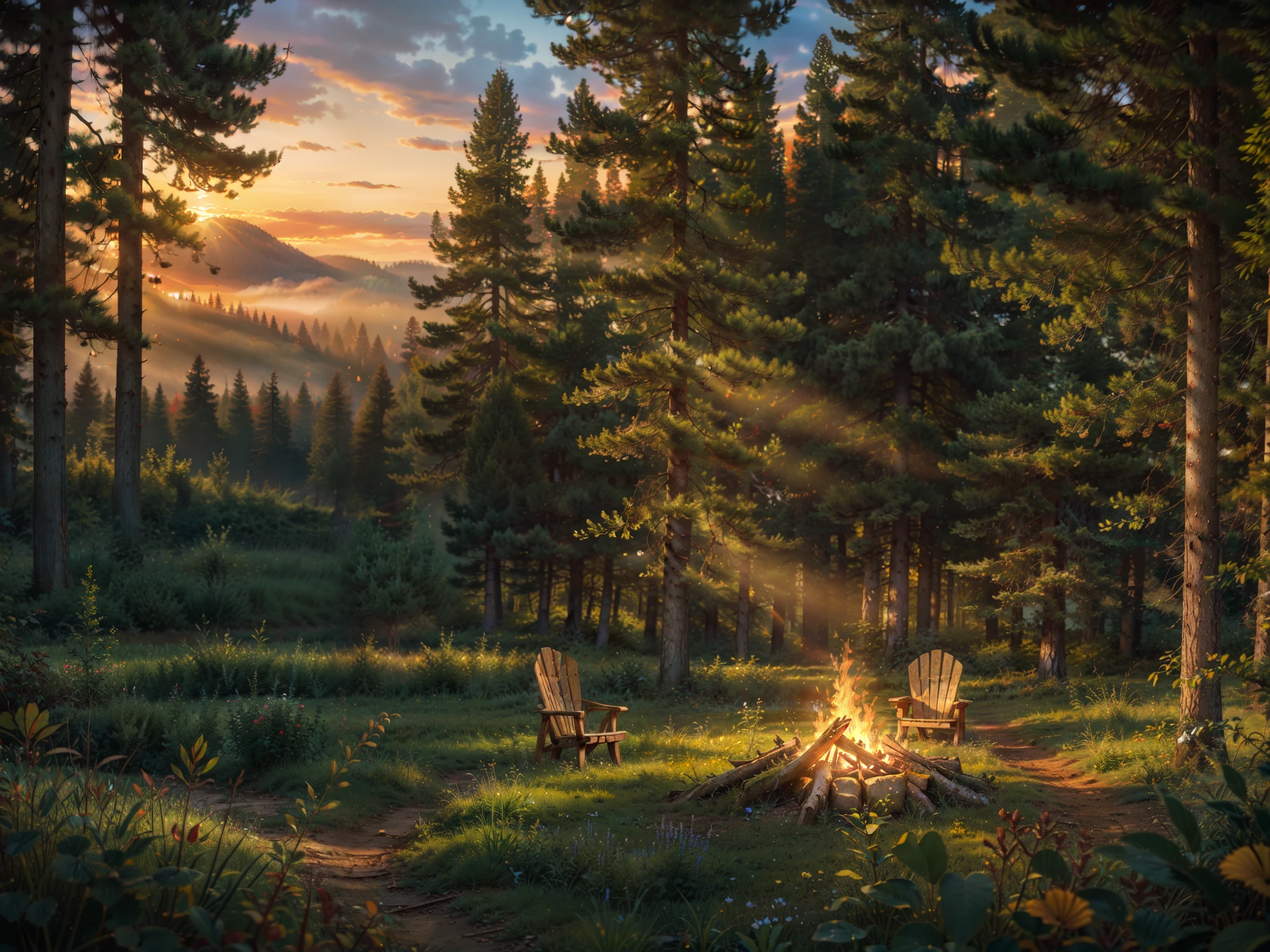 ultra-detailed, (best quality:1.2), (ultra highres:1.1), high resolution, enigmatic, sunny day, ray of lights, 16k, unreal engine, UHD, photorealistic, twilight in the deciduous forest, blurred trees in the background, a forest clearing, a lonely spreading old tree, a bonfire is burning under it