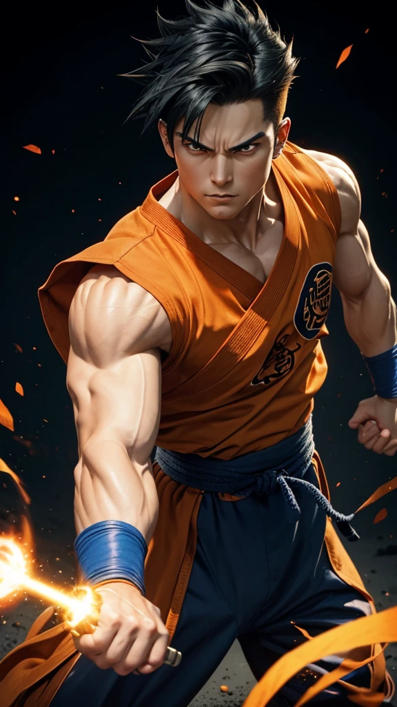 
* Detailed face with serious and determined expression.
* Black spiky hair with light reflections.
* Orange and blue traditional martial arts clothing.
* muscular and defined body.
* Dynamic and powerful fighting pose.
* Combat scene with energy explosions in the background.

styled:

* Mix of realism and anime style/mango.
* Fine, precise lines for contours.
* Realistic shading and lighting to add volume and texture.
* Vibrant, contrasting colors to highlight scene elements.

format:

* high resolution image (1080p or higher).
* Horizontal or vertical orientation (according to your preference).
* No watermark or other distracting elements