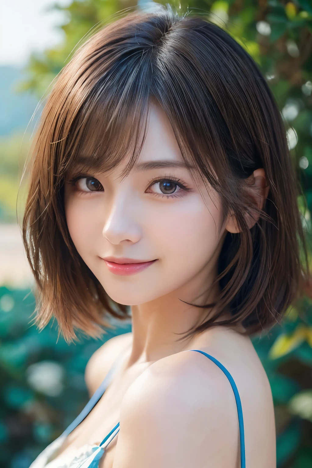 (masterpiece:1.2, Highest quality), (beautiful, fine grain: 1.2、beautiful skin、beautiful hair、Good attitude and dignity、beautiful manners、disappointing、beautiful eyes), ((One Woman)), (Light brown eyes:1.4), (Detailed eyes and face:1.3), ((Short Hair Woman)), (beautiful and vivid background:1.2), (Very detailedなCG, Very detailed, Best Shadow:1.1), ((Written boundary depth)), ((watercolor)), beautiful concept shape, (Blue background:0.5), (shape:1.1), (とても素敵でbeautiful:1.1), (Perfect detail:1.1), from the front, Cowboy Shot, scenery 、Listen carefully、長くbeautiful首、Please close your mouth and give your viewers a happy smile..