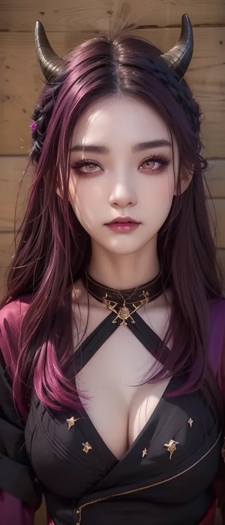 a close up of a woman with horns and a purple hair, ((red)) baggy eyes, dark piercing eyes, devious evil expression, character c...