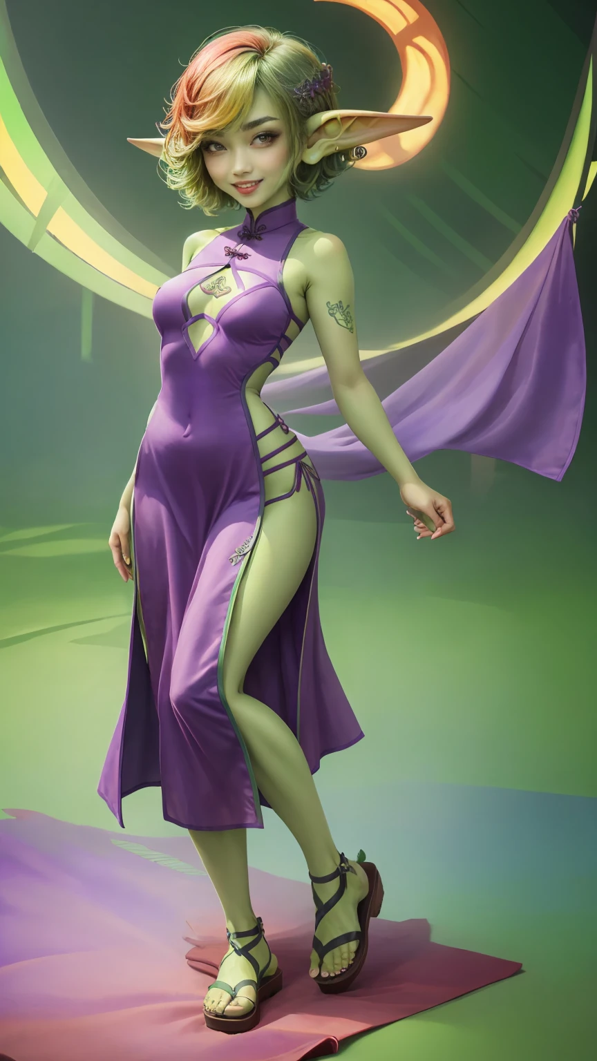 1 girl, short hair, green goblin girl, (green skin), small pointy ears, rainbow hair, ((purple cheongsam, cutout)), smiling, sandals, full body