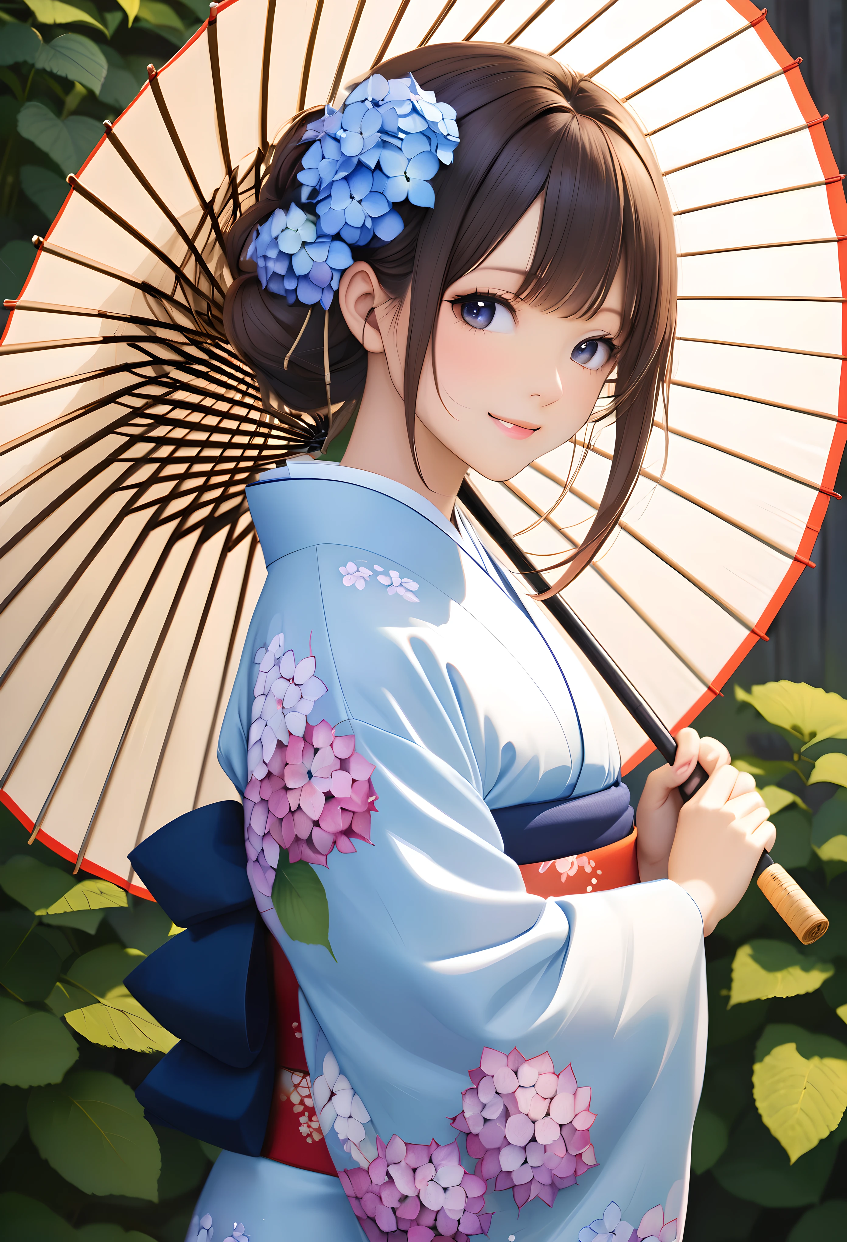 Einen japanischen Regenschirm halten, PAUSE Japanische Kleidung tragen, BREAK Hortensien, die das Motiv hervorheben, 
