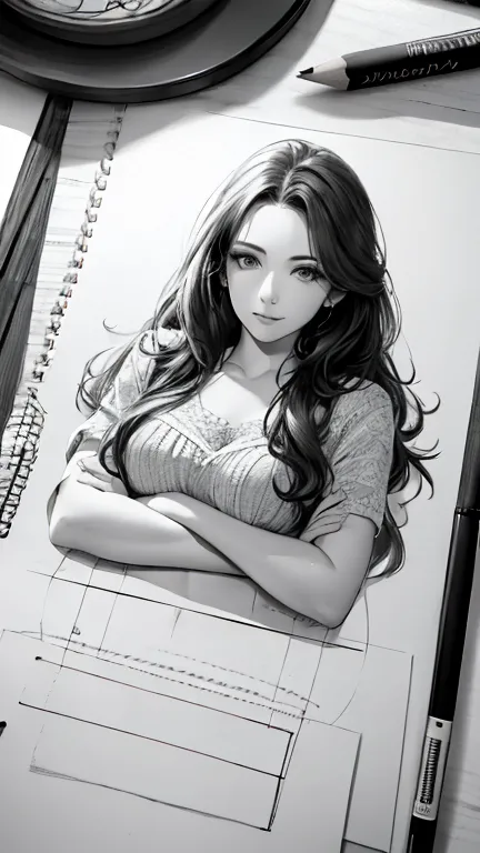 detailed pencil drawing, 26-year-old woman, detailed pencil drawing