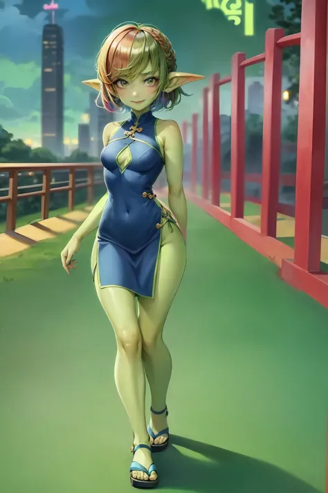 1 girl, short hair, green goblin girl, green skin, small pointy ears, rainbow hair, cheongsam, cutout, smiling, sandals, full bo...