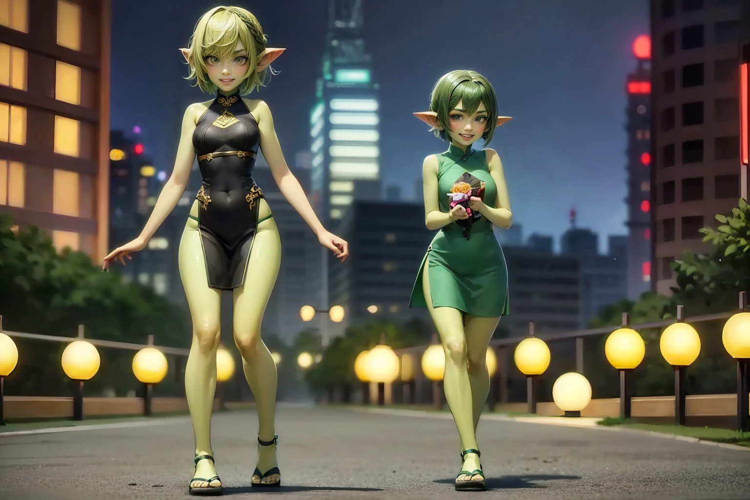 1 girl, short hair, green goblin girl, green skin, small pointy ears, ((rainbow hair)), cheongsam, cutout, smiling, sandals, full body, walking in tokyo, dynamic pose, outdoors, in toyko, city, dusk, dynamic lighting, tokyo background