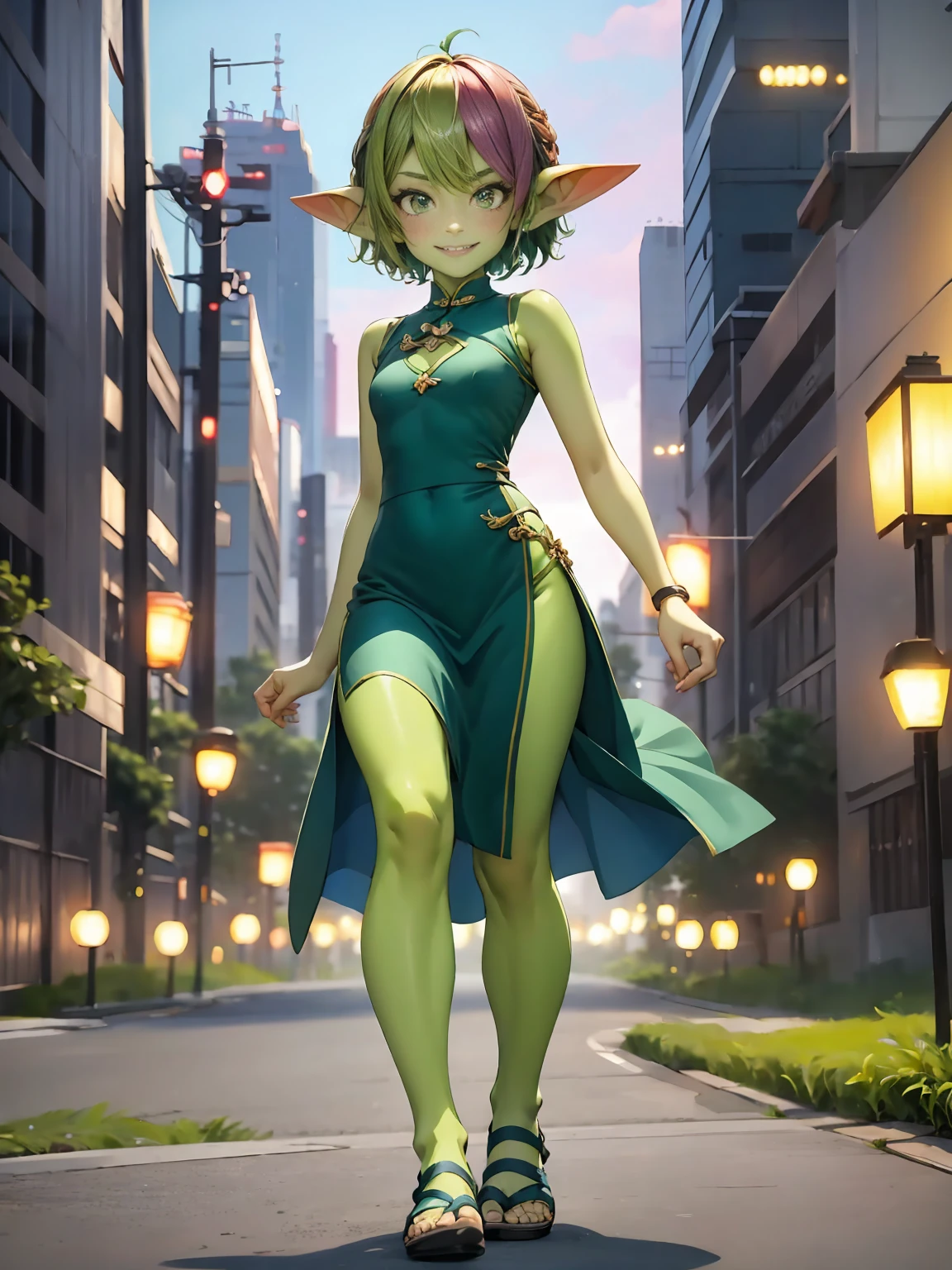 1 名女孩, 短髮, 綠妖精女孩, 綠皮, 小尖耳朵, (彩虹頭髮), 旗袍, 剪下, 微笑著, 涼鞋, 全身, 行走在東京, 動態姿勢, 戶外, 在東京, 城市, 黃昏, 動態照明, 東京背景