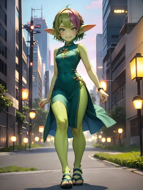 1 girl, short hair, green goblin girl, green skin, small pointy ears, (rainbow hair), cheongsam, cutout, smiling, sandals, full ...