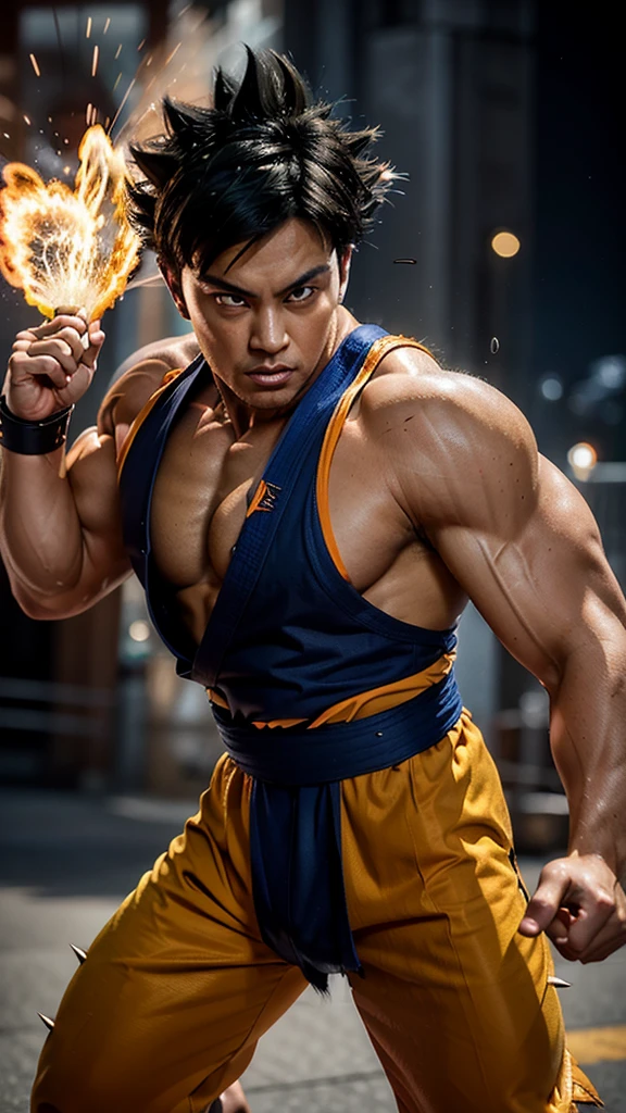 
* Detailed face with serious and determined expression.
* Black spiky hair with light reflections.
* Orange and blue traditional martial arts clothing.
* muscular and defined body.
* Dynamic and powerful fighting pose.
* Combat scene with energy explosions in the background.

styled:

* Mix of realism and anime style/mango.
* Fine, precise lines for contours.
* Realistic shading and lighting to add volume and texture.
* Vibrant, contrasting colors to highlight scene elements.

format:

* high resolution image (1080p or higher).
* Horizontal or vertical orientation (according to your preference).
* No watermark or other distracting elements