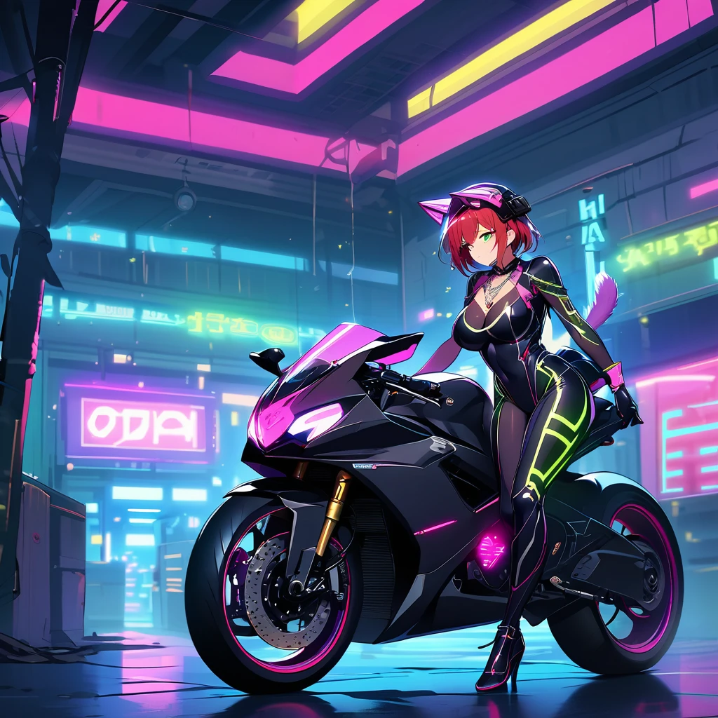 The image shows an illustrated character sitting on a motorcycle.. The character has short hair and wears a suit with black-violet colors and yellow neons that surround his prominent bodysuit.... The motorcycle looks big and futuristic., same color palette with elegant lines and luminous elements. The background suggests an urban environment illuminated with neon lights., possibly at night. There are various shapes and patterns reminiscent of digital or cybernetic motifs..., contributing to the overall sci-fi look of the image.. I imagine this girl with a futuristic appearance and full of mystery.. His body is wrapped in a purple and black jumpsuit.., Shiny chains entwine around his arms and legs., as if they were metallic tattoos. The three-strand necklace, with its padlock in the shape of digits, It is their symbol of submission and devotion.. Her red hair falls in waves over her shoulders..., and his green eyes shine with a mixture of passion and obedience. The black dress fits her curves., enhancing her voluptuous figure. Each chain that tightens around her skin is a reminder of her role as a beloved slave.... In the dark garage, the girl prepares for her master. The cyberpunk motorcycle awaits you, Its shiny surface reflects the neon lights of the city. The cat-shaped helmet gives it a mysterious look., and the tail that extends from the back of the seat seems to have a life of its own. She rides the motorcycle with grace., speeding into the night. The wind whistles in his ears as he walks through the dark streets., ready to carry out your master&#39;orders. In this futuristic world, where technology and passion intertwine, she is his slave, your confidant and your lover. The girl with the chains and a cyberpunk motorcycle is an enigma, a mixture of desire and slavery. Their story unfolds under the twinkling lights of the city.., and his figure becomes a legend in the night streets. SIMILAR TO IP:but