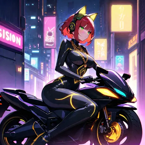 The image shows an illustrated character sitting on a motorcycle.. The character has short hair and wears a suit with black-viol...