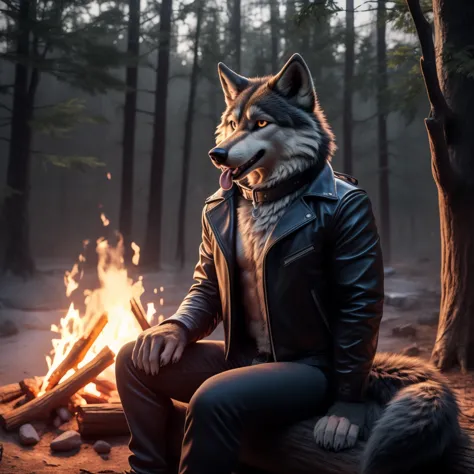 Sitting in front of campfire on log, Male, 30 years old, happy, mouth open with tongue hanging out, black leather jacket, anthro...