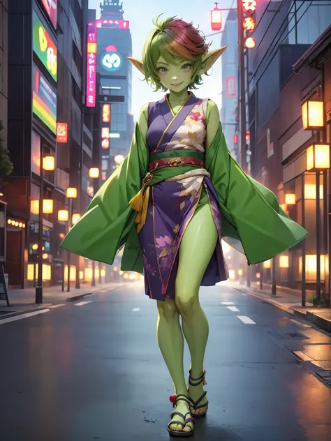 1 girl, short hair, green goblin girl, green skin, small pointy ears, (rainbow hair), wearing fashionable japanese urbanwear, sm...