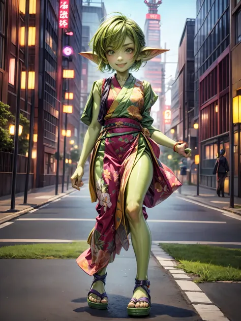 1 girl, short hair, green goblin girl, green skin, small pointy ears, (rainbow hair), wearing fashionable japanese urbanwear, sm...